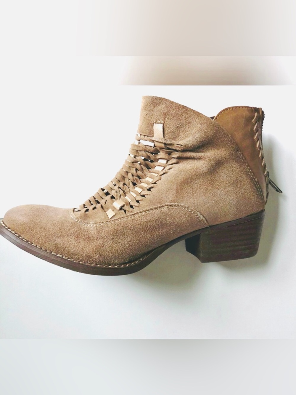 Taupe Suede Woven Ankle Booties Laced Cutout Rebels Cori Western Boho Brown 7.5